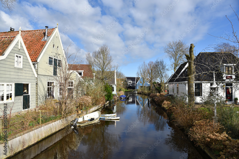 Broek in Waterland, Netherlands. February 2023. The wooden facades and old houses in Broek in Waterland, Holland.