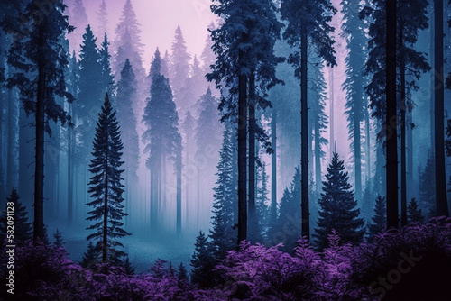 A foggy wood pine forest with dark trees shillouettes and purple blue colors. Dramatic fog in the forest. Ai generated photo