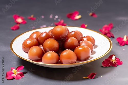 Tempting Gulab Jamun, Showcasing Beige and Golden Brown Tones, a Rich Indian Dessert Delight, created with Generative AI technology