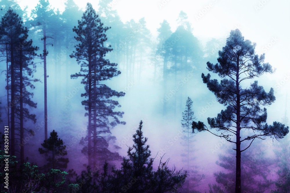 A foggy wood pine forest with dark trees shillouettes and purple blue colors. Dramatic fog in the forest. Ai generated A foggy wood pine forest with dark trees shillouettes and purple blue colors. Dramatic fog in the forest. Ai generated