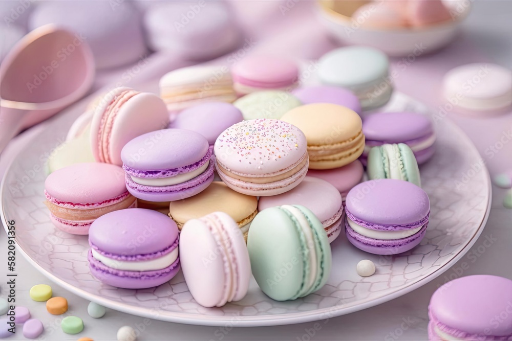Fototapeta premium Exquisite Macarons, a Pastel of Colors and Flavors, created with Generative AI technology