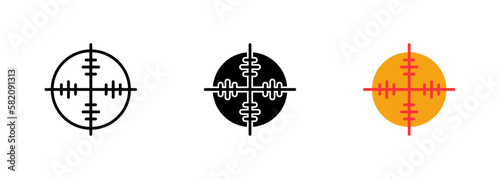 An icon of a crosshair or targeting reticle used to aim at a target in shooting or hunting games. Vector set of icons in line, black and colorful styles isolated.