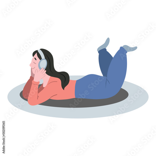 The girl is lying on the mat and listening to music. Portrait of a character on the carpet, relaxation, meditation, vacationers. Flat vector illustration isolated on a white background.