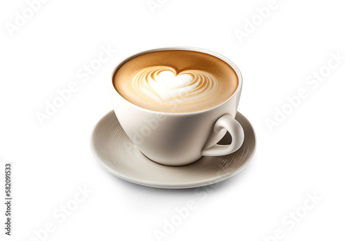 Side view of hot latte coffee with heart latte art, created with generative AI