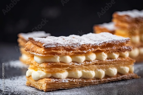 Decadent Mille-Feuille, Arrangement Showcasing Delicate Layers of Puff Pastry and Cream, created with Generative AI technology photo