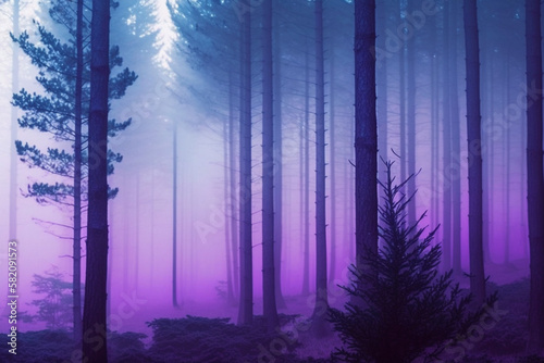 A foggy wood pine forest with dark trees shillouettes and purple blue colors. Dramatic fog in the forest. Ai generated photo