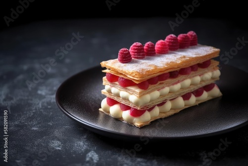 Decadent Mille-Feuille, Arrangement Showcasing Delicate Layers of Puff Pastry and Cream, created with Generative AI technology