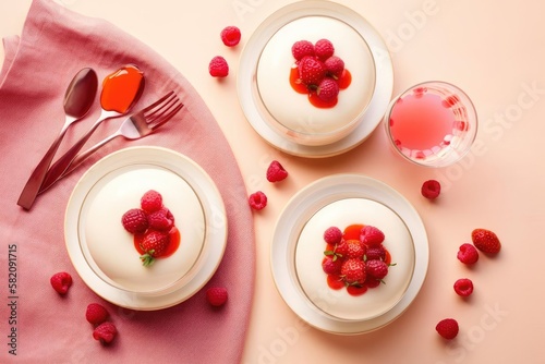 Delicate Panna Cotta, Featuring Beige Tones and Mixed Berry Garnish, created with Generative AI technology
