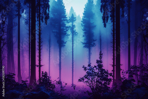 A foggy wood pine forest with dark trees shillouettes and purple blue colors. Dramatic fog in the forest. Ai generated photo