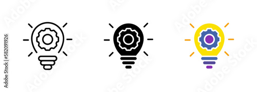 Light bulb with gears or cogs inside, which may represent the concept of innovation or creativity in a technical context. Vector set of icons in line, black and colorful styles isolated.