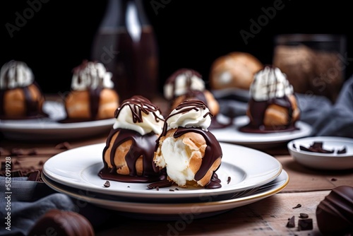 Delectable Profiteroles , Showcasing Beige Tones and Chocolate Drizzle, created with Generative AI technology