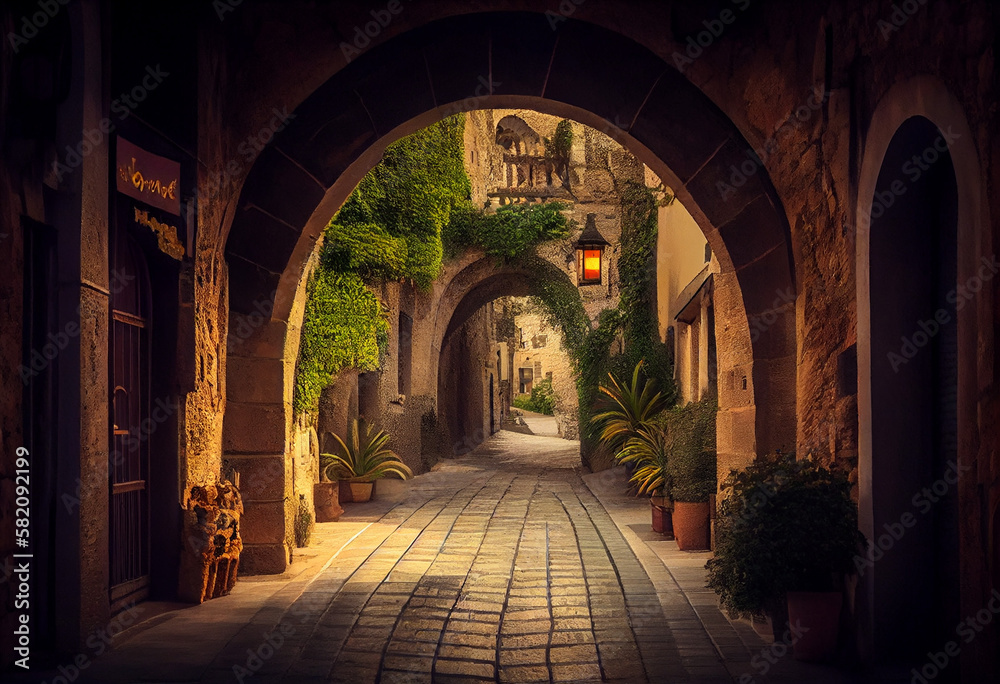 Medieval arched street in the old town of Rhodes, Greece. Created with Generative AI technology