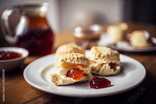 Classic Scones, Served with Jam and Cream, created with Generative AI technology