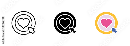 A red heart-shaped target with crosshairs centered on it, representing the focus and precision required when aiming for the heart. Vector set of icons in line, black and colorful styles isolated.