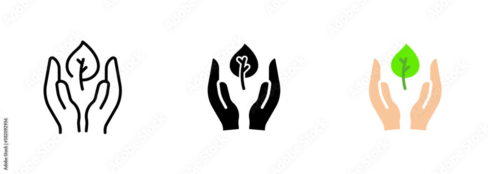 A small sprout held delicately in the hands, representing growth, renewal, and the potential for new beginnings. Vector set of icons in line, black and colorful styles isolated.