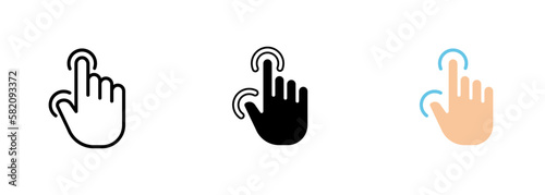 A touch-based interface with two fingers making a zoom-in or zoom-out gesture, signifying the capability to resize or rescale. Vector set of icons in line, black and colorful styles isolated. photo