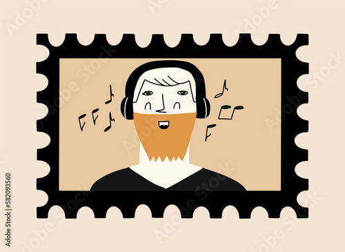 Man listens to music. Melomaniac concept. Vector illustration in hand drawn style