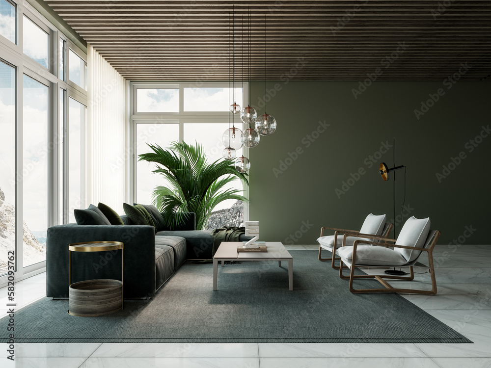 Modern interior with green sofa and two white armchairs. Luxury home living room design. 3D Rendering, 3D Illustration - obrazy, fototapety, plakaty 