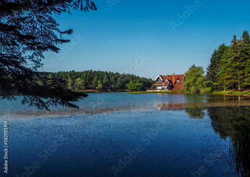 Gölcük lake in Bolu region and its landscapes and lakeside forest house photo