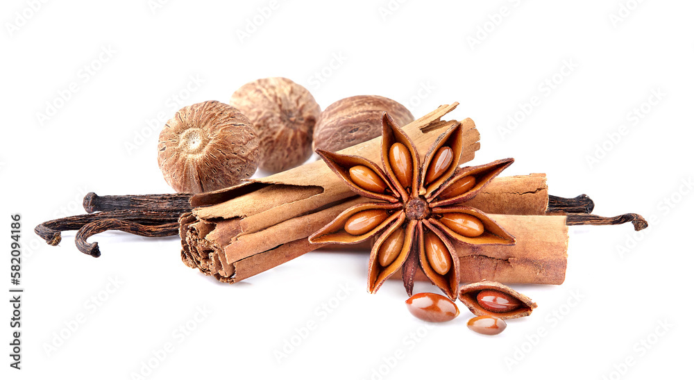 Anise  with cinnamon, nutmeg and vanilla on white background. Spices isolated.