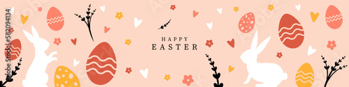 Easter pattern in pastel colors with bunnies and eggs on a pink background. Vector horizontal pattern with the inscription "Happy Easter" for your design. Stock illustration EPS 10