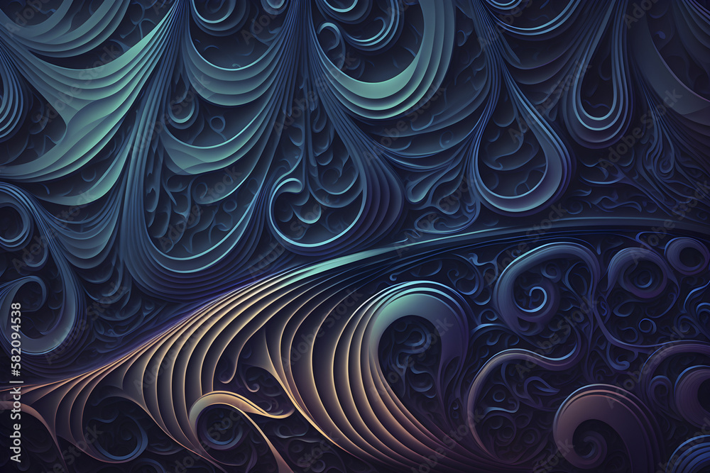 Abstract shapes lines, swirls and waves blue background pattern. Digital illustration created with generative AI tools.
