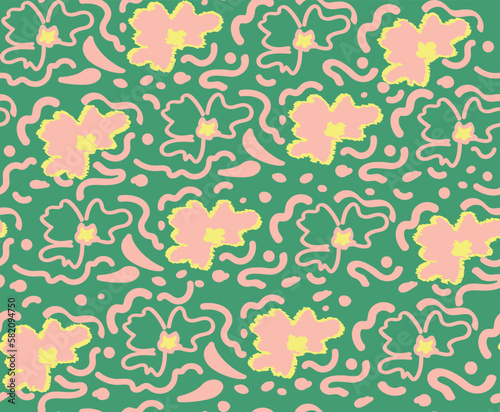 Hand Draw Floral Doodle illustration Vector Seamless Pattern On Green Background Color, Cute Flower Art Wallpaper 