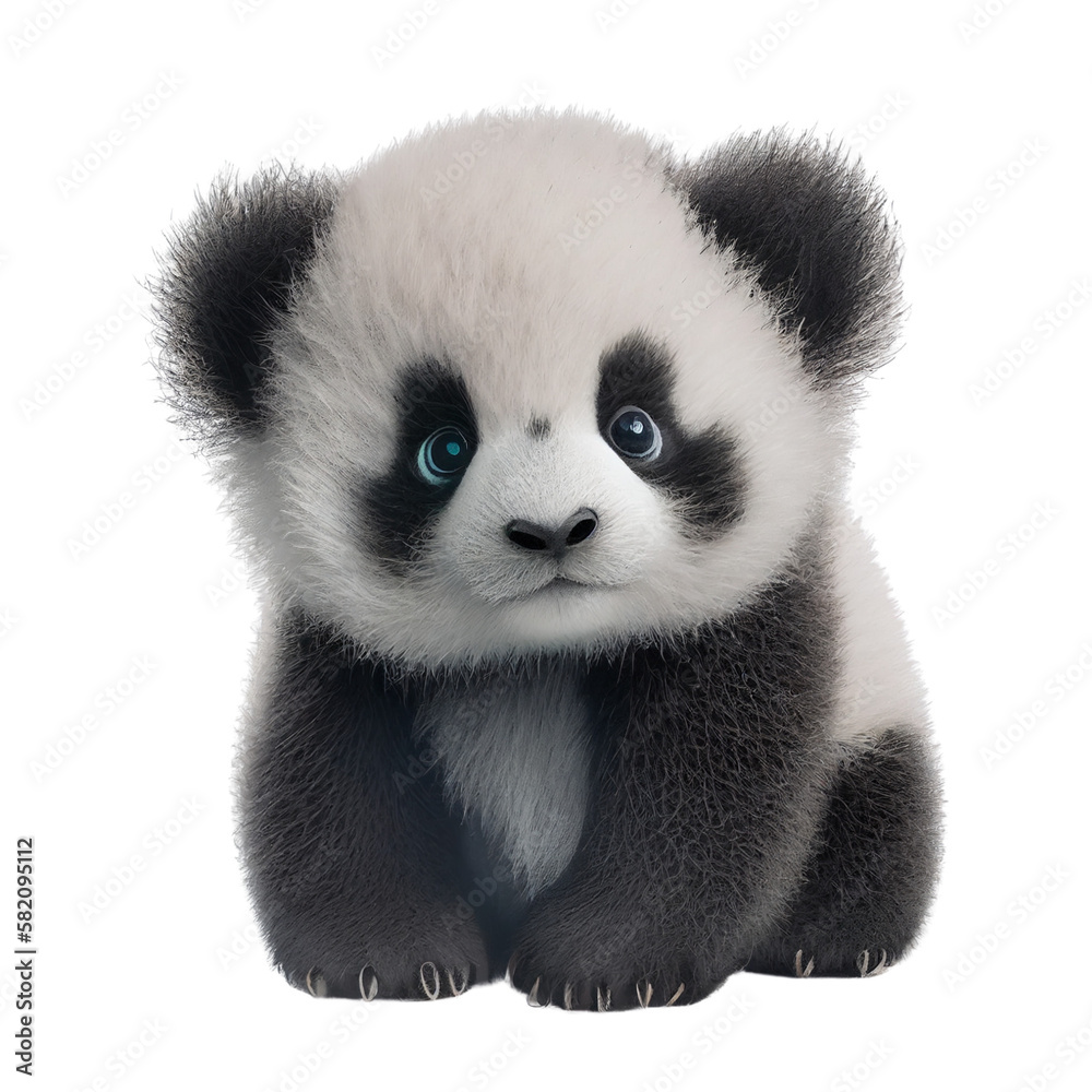 モフモフでかわいい赤ちゃんパンダが座っている3Dイラスト、背景透過