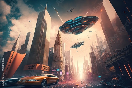 Futuristic new york city cityscape with flying cars and holographic advertisements illustration generative ai