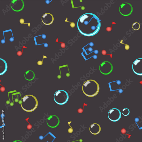 seamless vector abstract pattern with a multi-colored image of musical notes and soap bubbles on a dark background for interior design and prints on banners, fabrics, packaging in a festive airy style