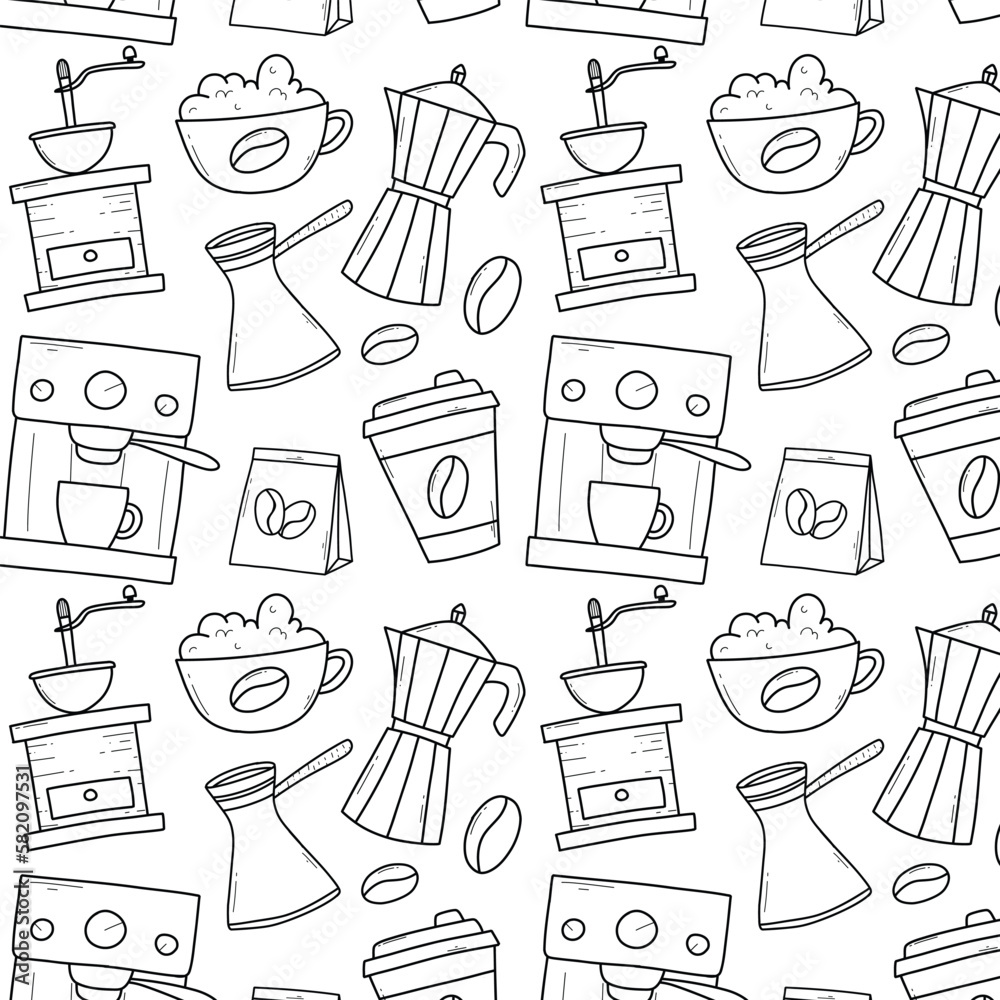 Seamless pattern with coffee, machine, grains, cup. Vector illustration. Doodle style. Linear print with coffee elements.