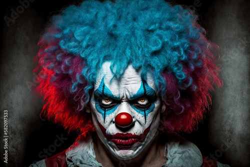 portrait of insidious cruel clown maniac in makeup and wig, created with generative ai