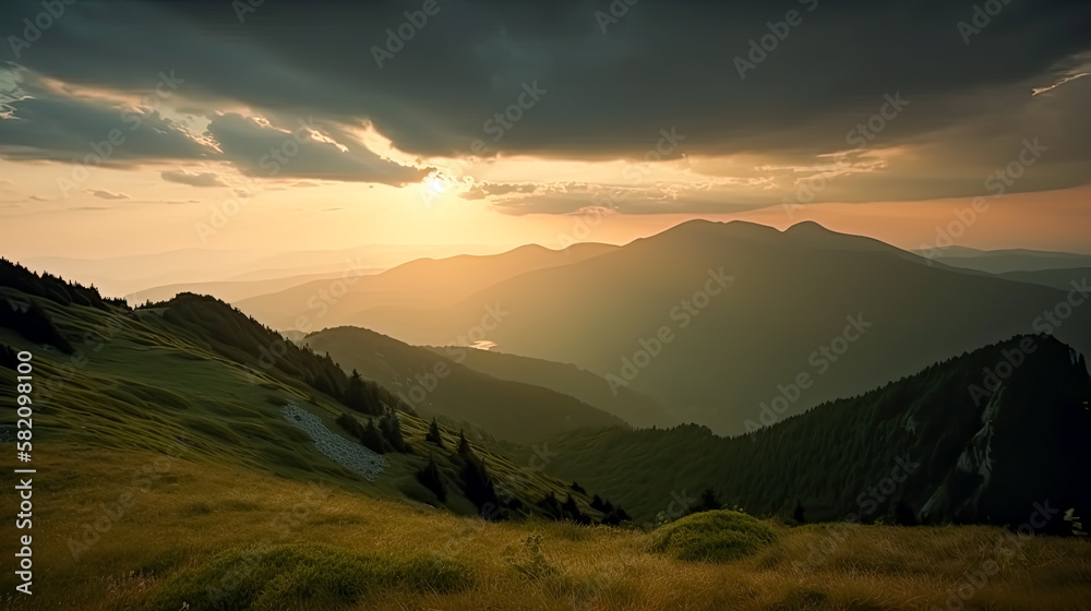 Mountain landscape at sunset, wide shot
