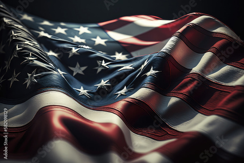 AI generated closeup of grunge vintage dark american flag blowing wind at USA independence day
