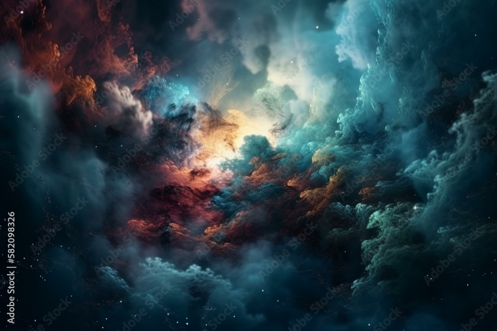 Fototapeta premium Space clouds with a nebula in the center, surrounded by constellations Generative AI