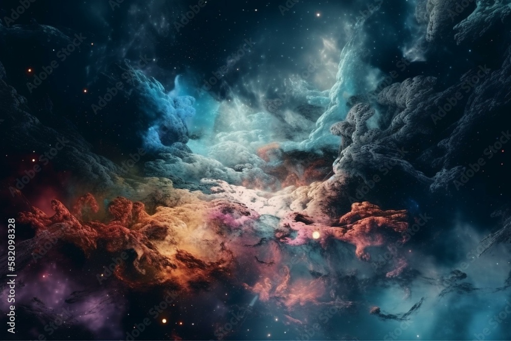 Space clouds with a nebula in the center, surrounded by constellations Generative AI
