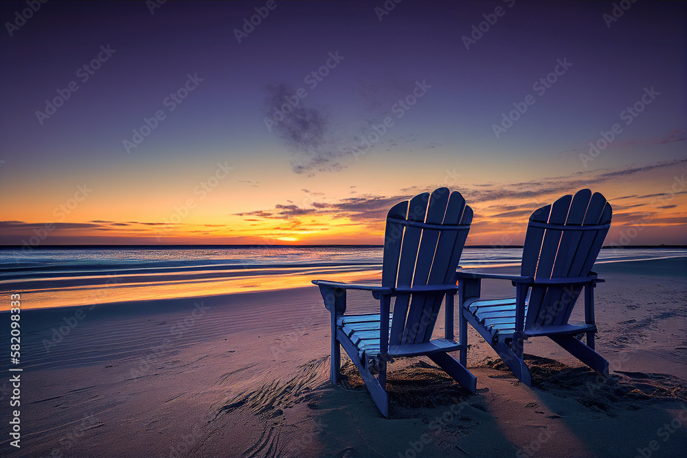 Two blue Adirondack chairs on a beach facing the ocean at sunset. Summer scenic landscape