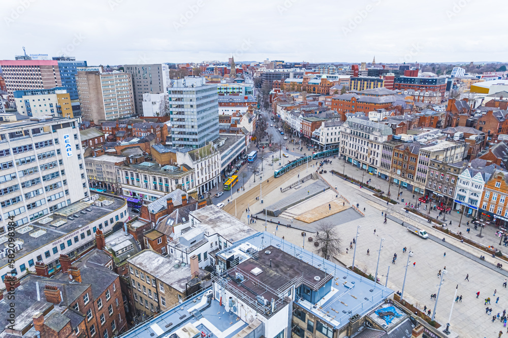 scenic drone shot of the Old Market Square in Nottingham, city center, UK. High quality photo