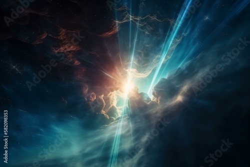 Space clouds with a pulsar at the center, emitting beams of light Generative AI