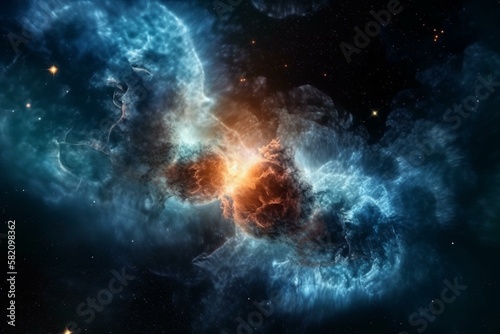 Space clouds with a binary star system at the center, surrounded by gas and dust Generative AI © Denis Yevtekhov