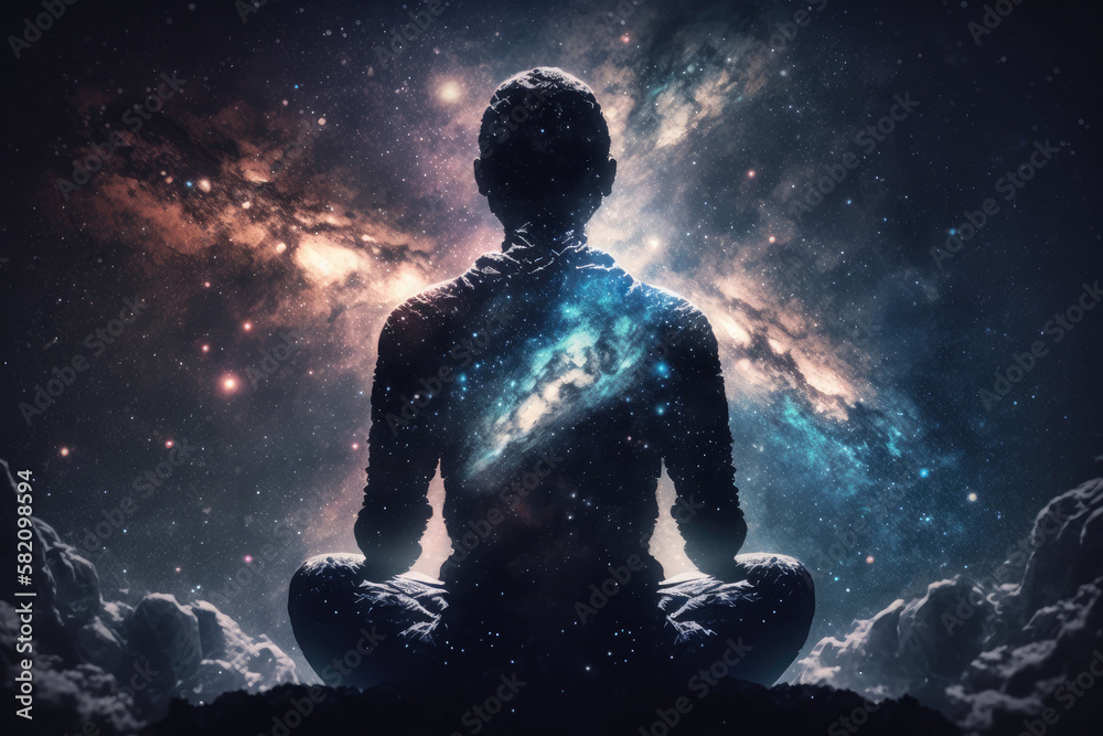 Yoga concept with back view man sitting in lotus pose against starry ...