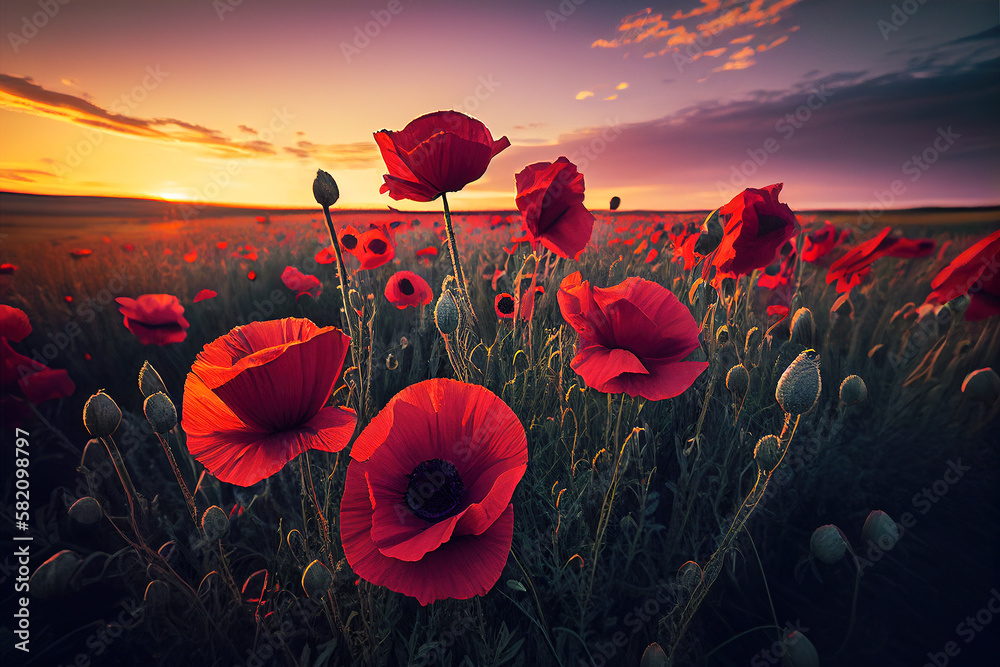 Red poppy field, scenic landscape at sunset - obrazy, fototapety, plakaty 
