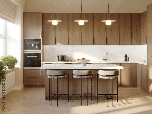 Fototapeta Naklejka Na Ścianę i Meble -  3d rendering of a contemporary wooden kitchen with white marble backsplash, an island, a curtain blowing in the wind and vintage stools	
