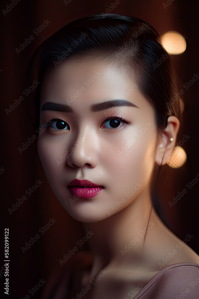 Portrait of a beautiful Asian woman wearing make up, makeup luxury charm, beige background, uplight. 
