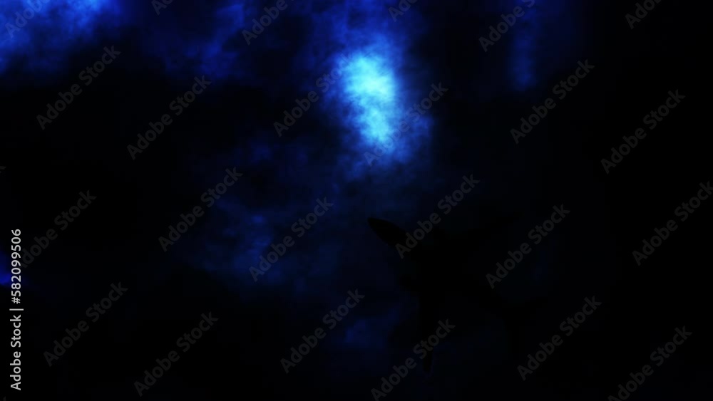 Blue Lightning Illuminating Jumbo Jet Plane Silhouette as it Flies Through Storm - 3D Animation 4K