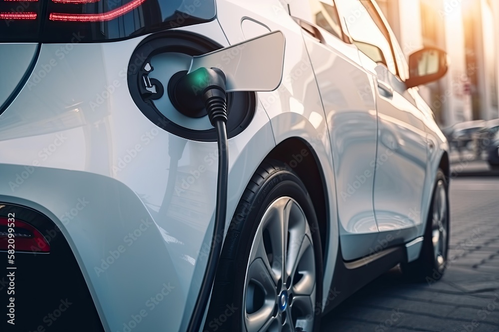 Electric car charging, EV car charging near the station, Generative AI