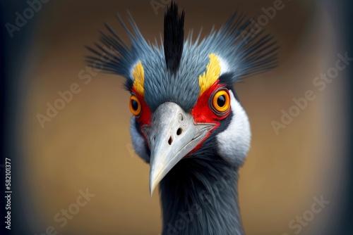 beaful crane bird with yellow tuft and red eyes, created with generative ai photo