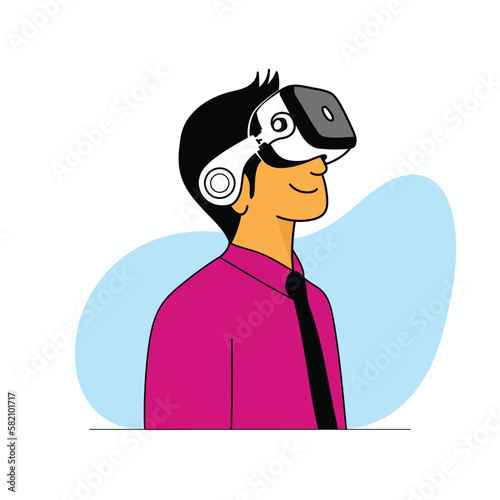 A Young man wearing a virtual reality headset glasses vector illustration. Meta verse digital cyber world technology character drawing for web banner.