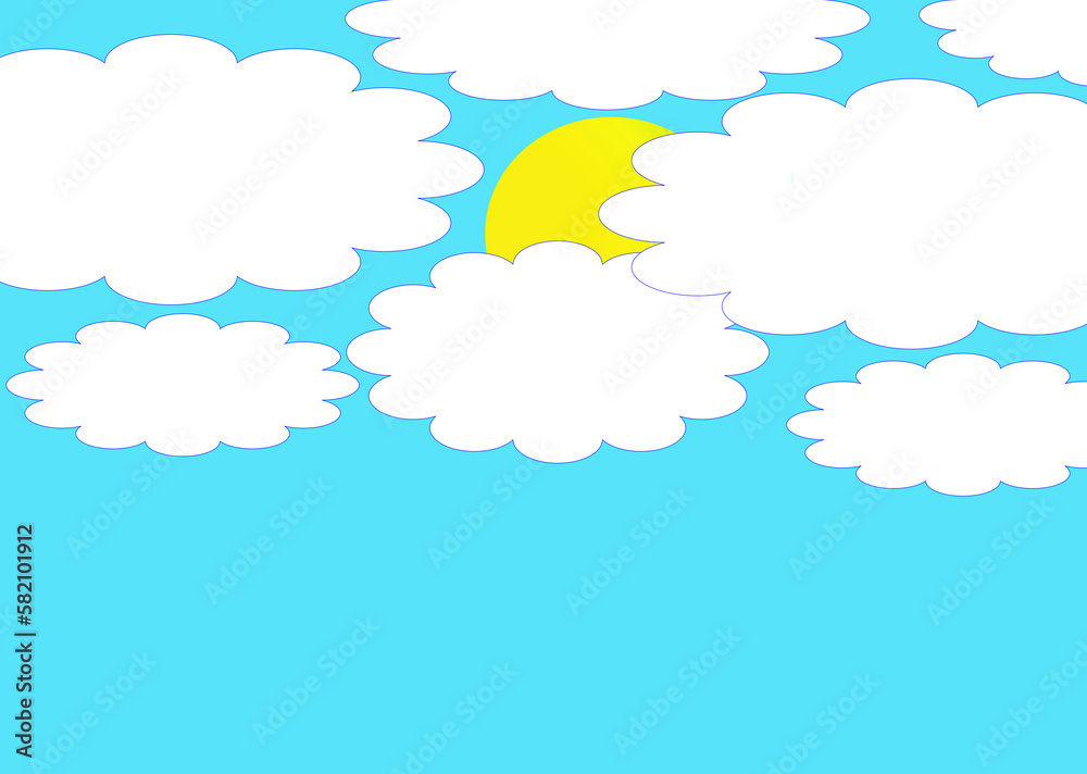 Blue sky and a group of scattered clouds and sun. Illustrative background and copy space.