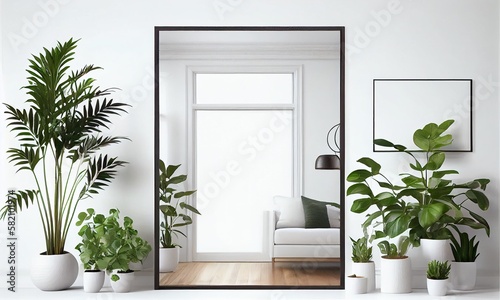 Frame mockup empty blank on wall  mirror and houseplants on scandinavian interior. Generative AI